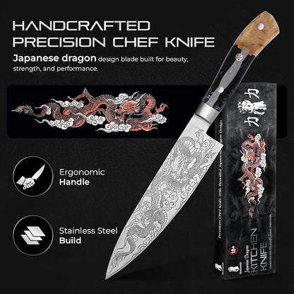 8 Inch Chef Knife - Stainless Steel, Sharp Kitchen Knife, Ergonomic Cooking Knife, Japanese Style, For Cooking, Chopping. Gift Box Included