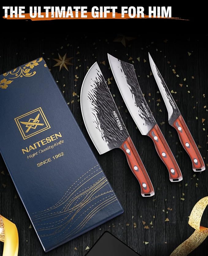 Naitesen 3PCS Hand Forged Butcher Knife Set - Very Sharp Serbian Chef Knife, Cleaver and Boning Knife for Meat Cutting Kitchen, Camping & BBQ - Full Tang Wood Handle with Gift Box