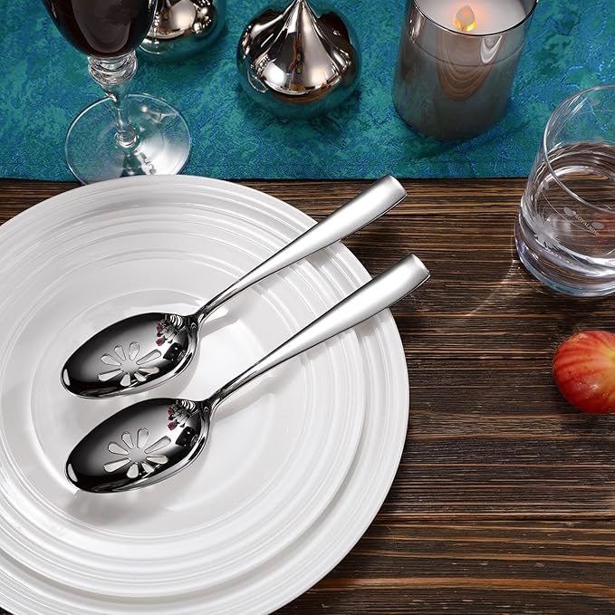 KEAWELL Premium Louis Serving Utensils, 18/10 Stainless Steel, Squared Edge Design, Mirror Finish, Dishwasher Safe (Slotted Spoons, Set of 2)