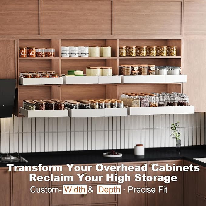 2Pc Pull out Cabinet Organizer,Width (18"-25") and Depth (10"-13") Expandable,No Drill Adjustable Slide out Drawers for Pantry,Adhesive Roll out Shelves Short,for upper cabinet,White