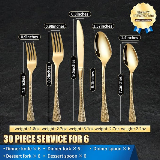 Lemeya Hammered Gold Silverware Set,30 Piece Modern Flatware Set Service for 6,Mirror Polished Stainless Steel Cutlery Set Utensil Set Tableware Set,Kitchen Knives Forks Spoons Set,Dishwasher Safe