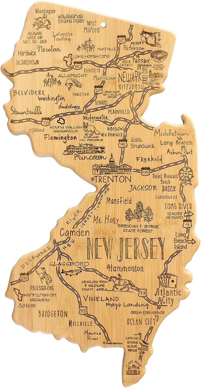 Totally Bamboo Destination New Jersey Shaped Cutting Board – Bamboo Charcuterie and Serving Board with Hang Tie for Wall Display