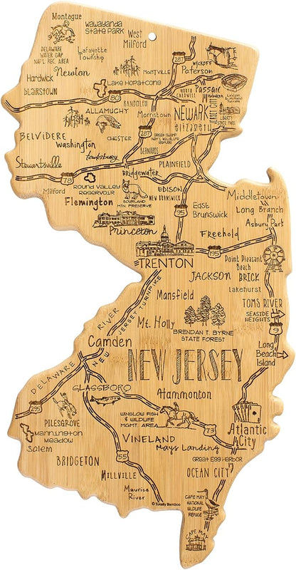 Totally Bamboo Destination New Jersey Shaped Cutting Board – Bamboo Charcuterie and Serving Board with Hang Tie for Wall Display