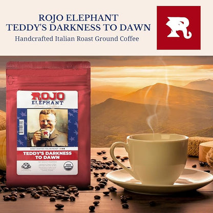 Rojo Elephant Caffeinated Ground Coffee, Single Origin Arabica Beans, Naturally Low Acid, Premium Ground Coffee (11 oz Bag) (Italian Roast -Teddy's Darkness to Dawn)
