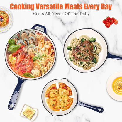 Nonstick Enameled Cast Iron Cookware - 3 enameled cast iron skillet 8-Inch, 9.5" Frying Pan & 11-Inch Large Cookware, Healthy Non Toxic Cooking Pan, PFOA PFAS PTFE Free, Navy