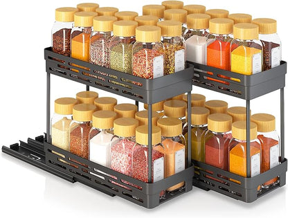 2 Pack Pull Out Spice Rack Organizer for Cabinet, Slide Out Spice Racks Organizer, Spice Cabinet Organizers, Cabinet Size Need:12'' Highx11'' Deepx5'' Wide,Hold 10 Spice Jar Each Tier-2Tier, Black