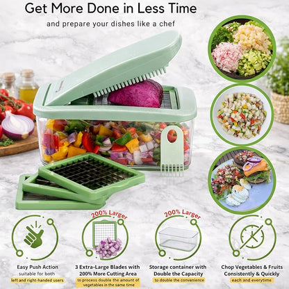 Brieftons QuickPush Food Chopper: Vegetable Dicer Slicer, Onion Cutter, 3 Extra-Large Blades with 200% More Cutting Area to Chop Dice Slice Vegetables, 2.6-Quart Container