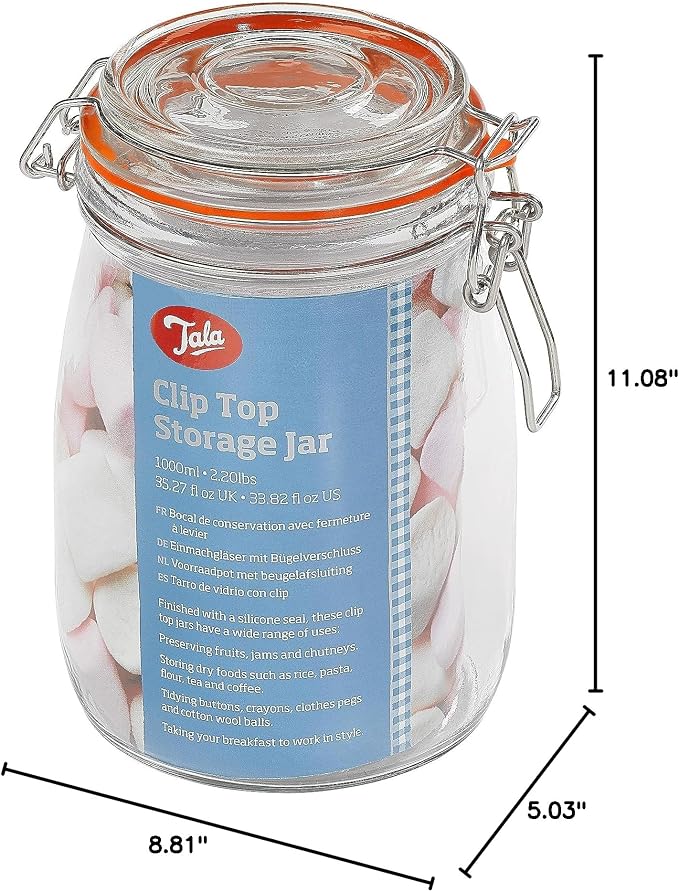 Tala Glass Storage Jar, 1000ml Clear Glass Food Container with Airtight Lid, Ideal for Dry Food Storage, Preserving, and Reducing Waste, Reusable & Eco-Friendly