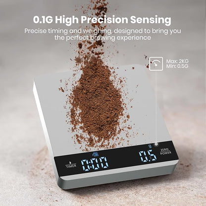 Maestri House S1 Mini Espresso Coffee Scale with Timer, Rechargeable 2kg/0.1g Precision Shot Scale for Espresso Brewing, Portable Digital Coffee Scale with Automatic Timing, Metal Finish-Silver