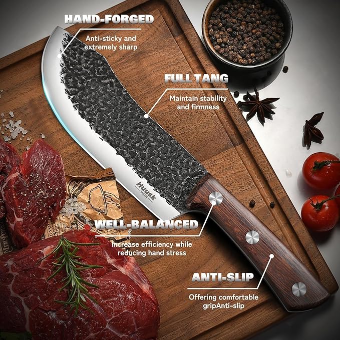 Huusk Butcher Knife Set for Meat Cutting 10pcs Viking Kitchen Serbian Chef Knife with Roll Bag Hand Forged Brisket Knives Meat Cleaver for Men Gift BBQ Outdoor Camping