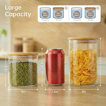 32oz & 21oz - 4 Pack Glass Jars with Bamboo Lids, Glass Pantry Storage Containers with Airtight Lids, Round Air Tigh Food Storage Canisters for Cereal, Pasta, Flour, Sugar, Best for Kitchen Organizer