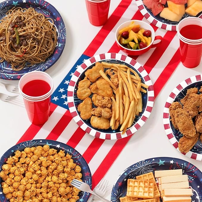 Dereinwo 100 PCS Patriotic Paper Plates and Napkins | Bundle Includes Paper Oval Dinner Plates Dessert Plate and Napkins for 4th of July Independence Day Party Supplies