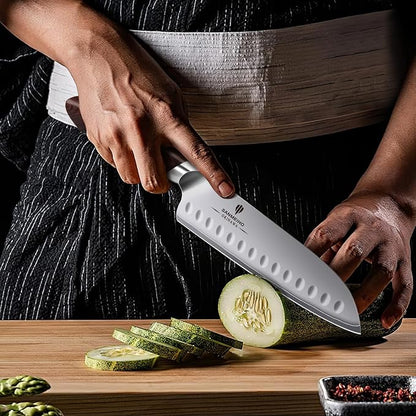 7 Inch Chef Knife, High Carbon Japanese 10Cr15Mov Stainless Steel Santoku Knife, Ultra Sharp Professional Kitchen Cooking Knife with Ergonomic Pakkawood Handle