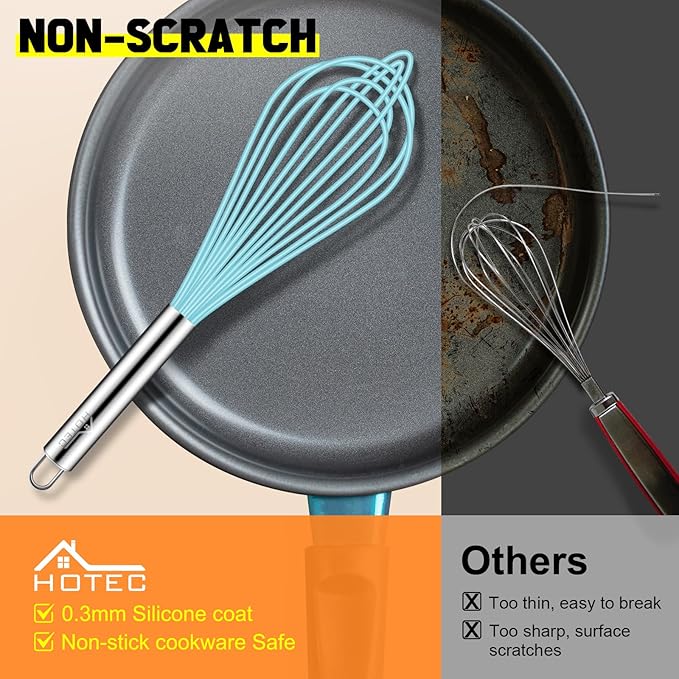 HOTEC 4 Pieces Silicone Whisks Set, Wire Balloon Whisks for cooking Egg Beater, Non-slip Handle Whisk for Non-stick Cookware Perfect for Cooking, Stirring, Beating and Blending,Blue