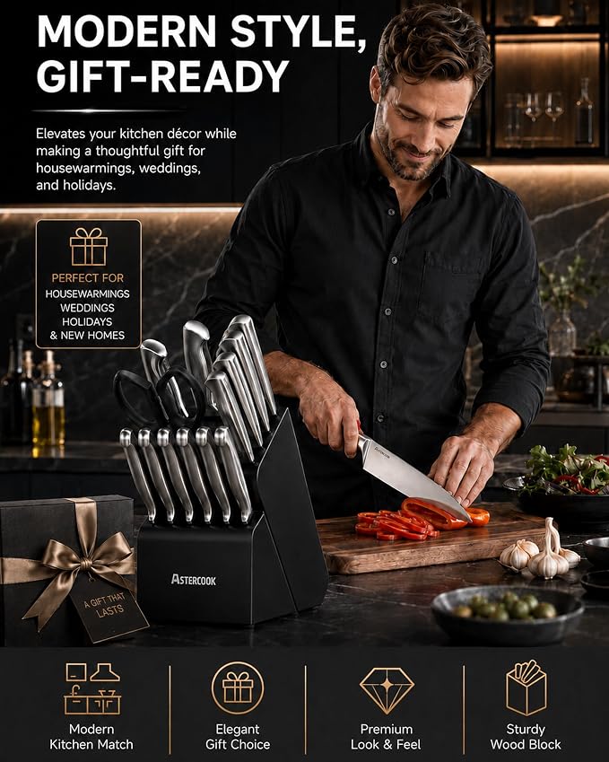 Astercook Knife Set, 15 Piece German Steel Kitchen Knife Set with Built-in Sharpener, One-Piece Knife Block Set Rust-Resistant Dishwasher Safe Block Knives Set for Cooking & Gift (Midnight Black)