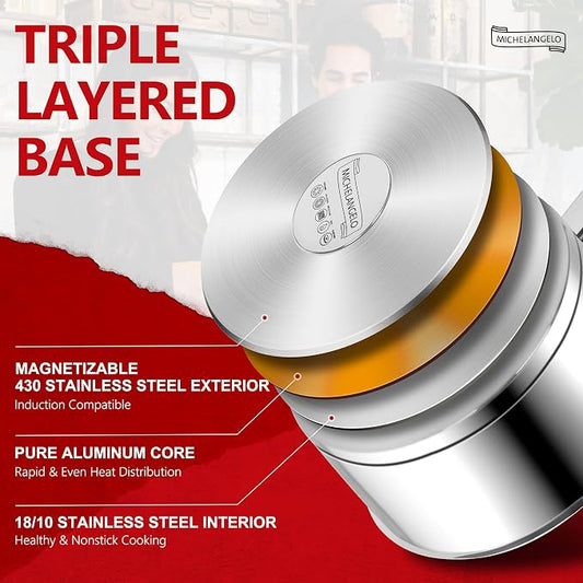 MICHELANGELO Saucepan Set 3 Sizes, Stainless Steel Sauce Pan with Lid, Tri-Ply Bottom Sauce Pot Set, Nonstick Saucepan, Induction Compatible, 1QT & 2QT &3QT