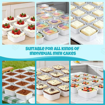 20 Pack 10oz Mini Cake Pans With Lids, Aluminum Foil Square Brownie Baking Cups,Disposable 4”x4” Large Cupcake Pan,Jumbo Muffin Tin Ramekins Holders-White