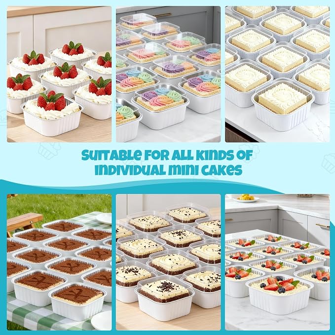 100 Pack White 10oz Mini Cake Pans With Lids, Aluminum Foil Square Brownie Baking Cups,Disposable 4”x4” Large Cupcake Pan,Jumbo Muffin Tin Ramekins Holders