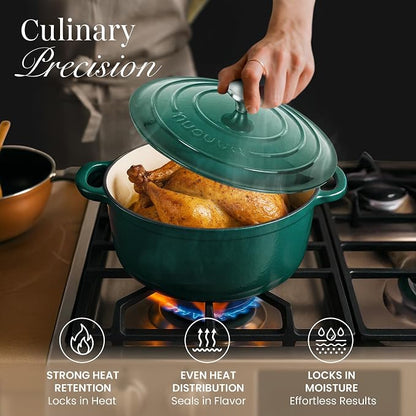 Cast Iron Dutch Oven with Lid - Non-Stick Ovenproof Enamelled Casserole Pot - Sturdy Dutch Oven Cookware - Dark Green, 3.1-Quart, 22cm-by Nuovva