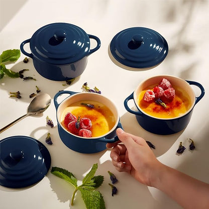 Kook Ceramic Mini Cocotte Set, Small Casserole Dishes with Lids and Handles, Individual Baking Ramekins, Oven safe 350F, Microwave & Dishwasher Safe, Stoneware, 12 oz, Set of 4, (Navy)
