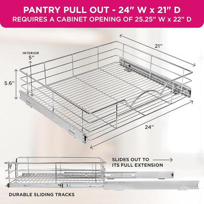 HOLDN’ STORAGE Pull Out Cabinet Organizer, Slide Out Drawer for Kitchen Cabinets & Pantry, Roll Out Shelf for Pots, Pans & Under Sink Storage, Heavy-Duty Full-Extension, 24"W x 21"D x 5"H