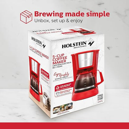 Holstein Housewares 5 Cup Drip Coffee Maker – Compact and User-Friendly with Auto Pause & Serve, Reusable Filter, Measuring Spoon & Glass Carafe, Office & Dorm Use, Red