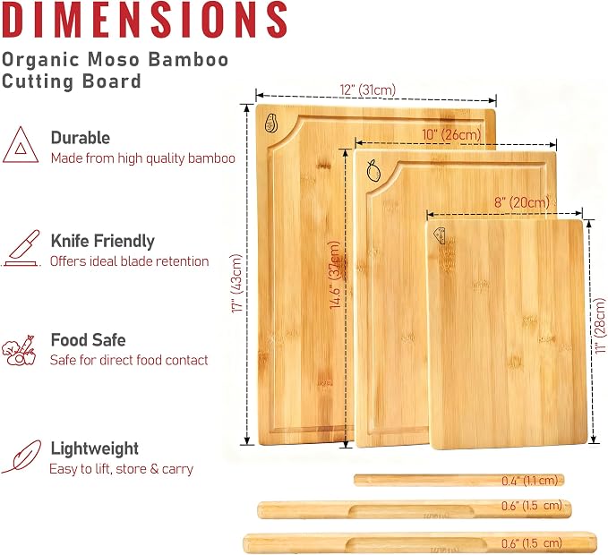 Large Bamboo Cutting Board 3 Piece Set with Juice Groove & Handle - Non Toxic Wood Charcuterie Board & Butcher Block for Meat, Veggies Fruit & Cheese - Kitchen Gift Set by Homish