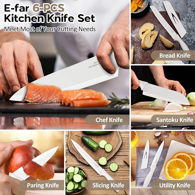 E-far 12-Piece Kitchen Knife Set, Stainless Steel Chef Knives Set with 6 Blade Guards, Sharp Kitchen Cooking Knife with Ergonomic Handle, Anti-Rust & Easy to Clean (Cream)