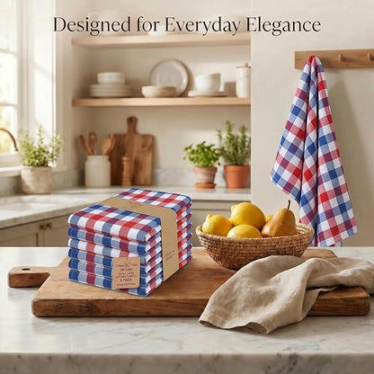Urban Villa July 4th KitchenTowels Red/Blue/White DishTowels 100% Cotton (Set of 6) 20X30 Inches Buffalo Checks Highly Absorbent Soft Durable Reusable & Washable Kitchen Towels