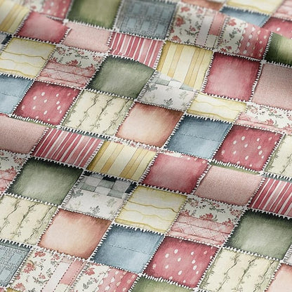 Soft Meadow Patchwork Cotton Fabric Panel, Pastel Floral & Stripe Design, 140 GSM, 61″ × 36.6″ (155 × 93 cm)