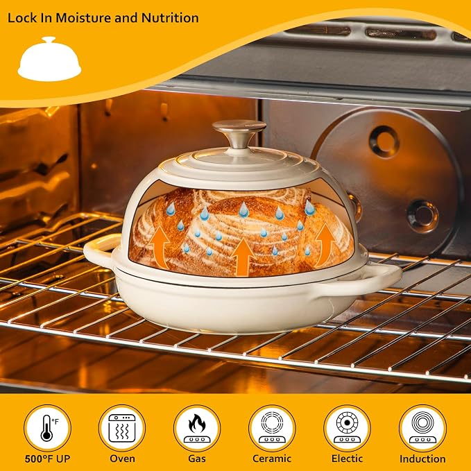 Velaze Enameled Cast Iron Dutch Oven for Bread Baking,5 QT Bread Oven Pot with Dome Lid for Crispy Artisan Bread & Bakery-Style Homemade Loaves(White)