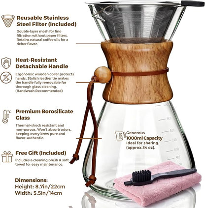 AGOGO Pour Over Coffee Maker Glass - Barista Kit with 304 Stainless Filter for Home, Office, Camping, Cafes - Easy Clean Coffee Dripper Set (Soft Towel&Brush) (34oz Slim Shape w/SS Filter)