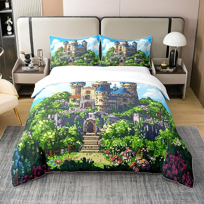 Castle 100% Nature Cotton Bedding Set (No Filler) Twin Size Vintage Fairy Tale Theme Duvet Cover with 1 Pillow Sham Pixelated Construction Video Games Comforter Cover Set 2 Pcs