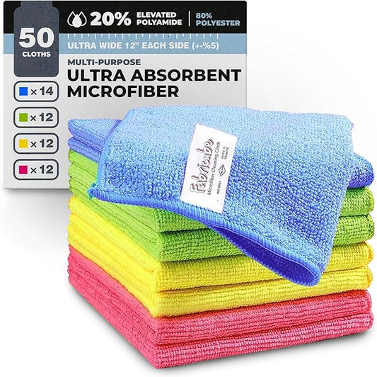 Turkish Microfiber Cleaning Cloth of 4 Colors | 20% Polyamide for Elevated Liquid Suction | Must Have Drying Supply for Kitchen and Home Accessories | Rags with Reinforced Edges, Pack of 50