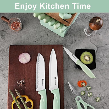 Green Knife Set, 15 Pcs Kitchen Knife Set with Block,High Carbon German Stainless Steel Knife Block Set with Magi-Grip Handle,Hand wash Safe Knives Set