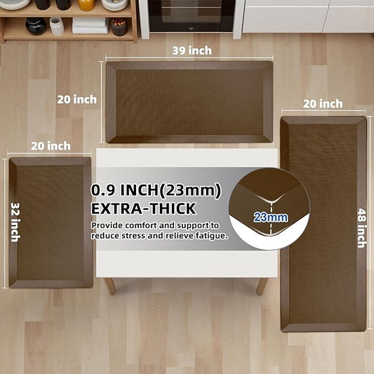 2 PCS Anti Fatigue Kitchen Mats for Floor, Brown 9/10 Extra Thick Cushioned Standing Desk Mat, Comfort Memory Foam Ergonomic Rugs and Mats Non-Slip Waterproof for Office, Kitchen, 20"x32"+20"x32"