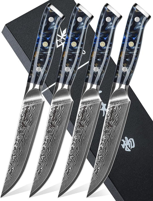 Steak Knives Set of 4, Ultra Sharp Non Serrated Kitchen Steak Knife 5 Inch - Damascus Steel & Resin Handle - Xuan Series (Starry Black)