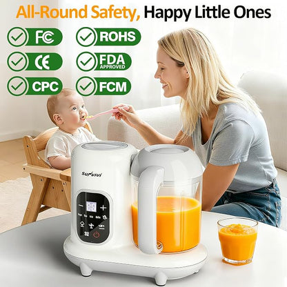 Sunvivi Baby Food Maker: All-in-one Baby Food Processor with Steam, Heating, Unfreeze, Blender, Electric Blender and Food Processor Combo with Self Clean LCD Display, Baby Food Steamer Grinder White
