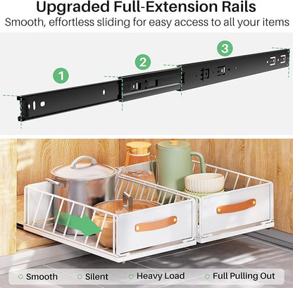 Pull out Cabinet Organizer,Heavy Duty Slide out Pantry Shelves Drawer Storage with Adhesive Nano Film,Sliding Mesh Cabinet Basket with Handle for Kitchen, Bathroom, Home, 11.8W" X 15.7"D X 6.2"H,White