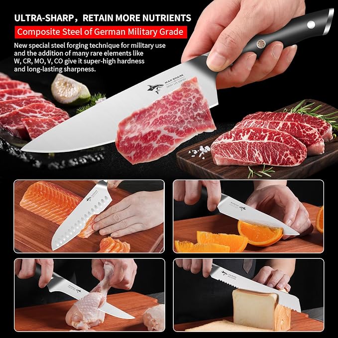 MAD SHARK Kitchen Knife Set, Professional Kitchen Knives 5PC Chef Knife Sets, German High Carbon Stainless Steel, Ultra Sharp Cooking Knives with Gift Box