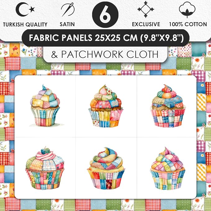 Patchwork Cupcake Fabric Panel – Single Continuous Cotton Satin Panel with 6 Printed Squares 9.8” x 9.8” and Bonus Patchwork Area – 100% Cotton for Quilting & Sewing