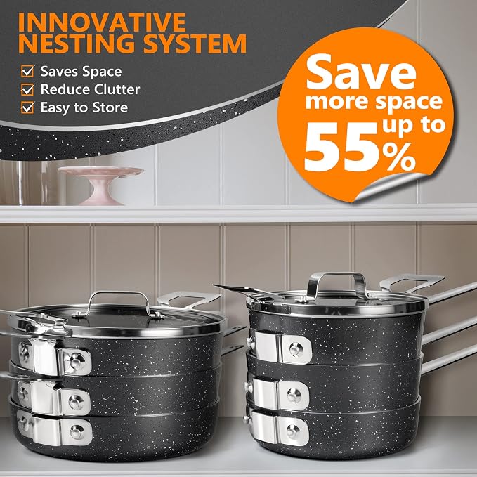 MICHELANGELO Stackable Pots and Pans Set, 10-Piece Nonstick Cookware with Stone Coatings, Space Saving - Gray