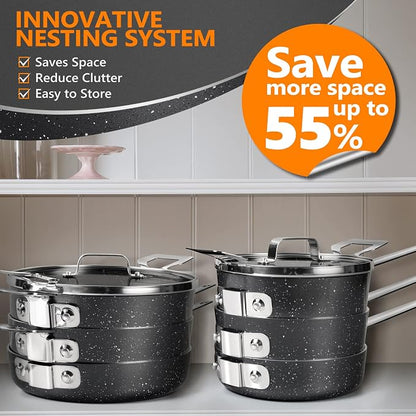MICHELANGELO Stackable Pots and Pans Set, 10-Piece Nonstick Cookware with Stone Coatings, Space Saving - Gray