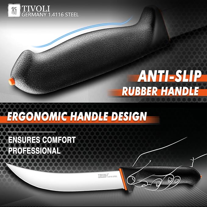 TIVOLI Butcher Knife Set 3pcs - Game Processing Knife Set with Gift Box - Non-Slip Softgrip & German Stainless Steel - Skinning Boning Trimming Knives for Meat - Gifts for Men and Women