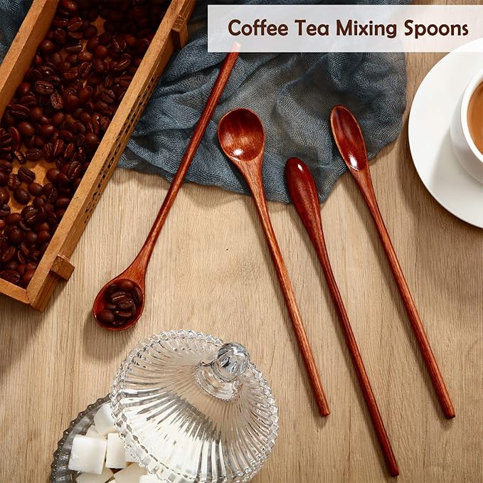 Patelai 6 Pieces Wooden Coffee Spoons Long Handle Mixing Wooden Spoon Handmade Stirring Teaspoon for Kitchen Stirring