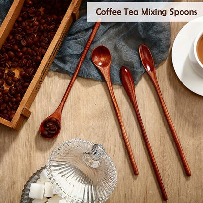 Patelai 6 Pieces Wooden Coffee Spoons Long Handle Mixing Wooden Spoon Handmade Stirring Teaspoon for Kitchen Stirring