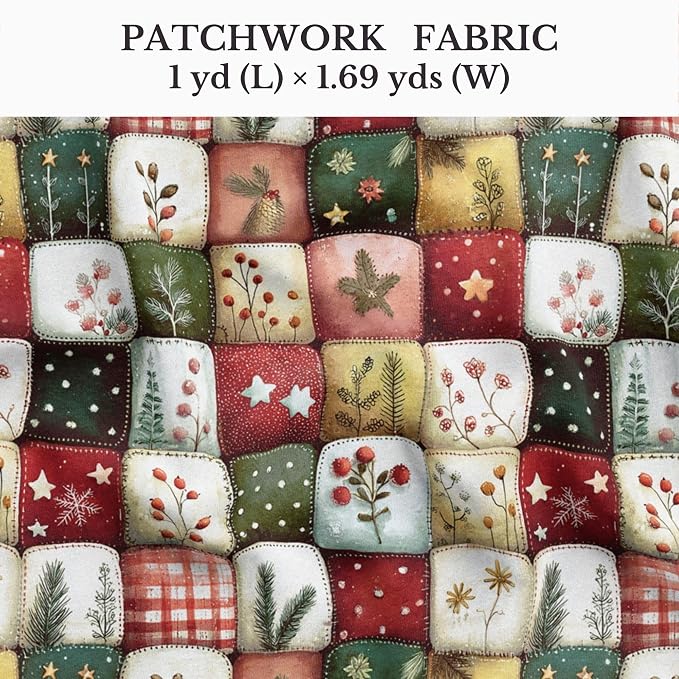 Patchwork Cotton Fabric Panel 61 x 36.6 Inches, Christmas Botanical Squares Quilt Style, 100% Cotton 140 GSM, Sewing Quilting Craft Fabric
