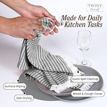 TWINY threads Kitchen Towel Chevron Weave, Premium Kitchen Linen Set, Large 100% Cotton Dish Rags, Absorbent Quick Drying for Daily Use, Washable Reusable, Set of 12, 16x26 Inches, Black