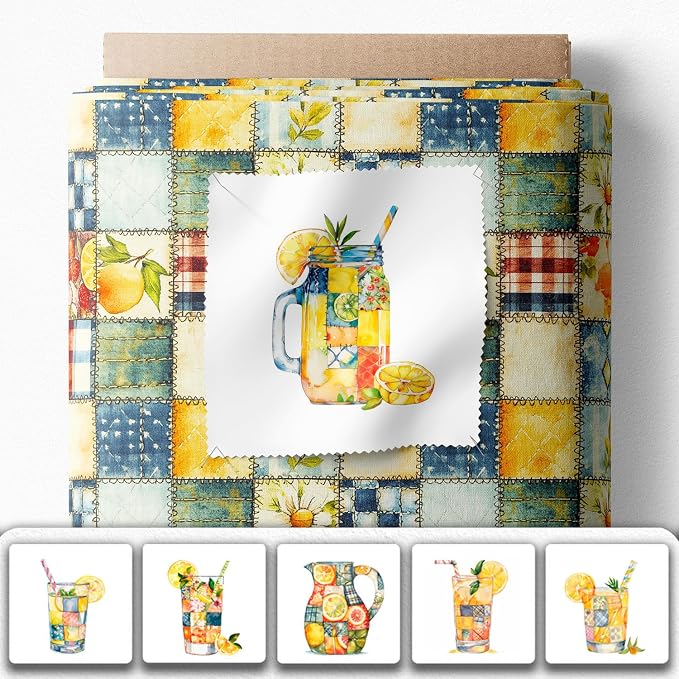 Summer Lemon Patchwork Cotton Fabric Panel – Six 10×10 inch Designs + Bonus 29.5×19.6 inch Patchwork Sheet, 100% Turkish Cotton 140 GSM