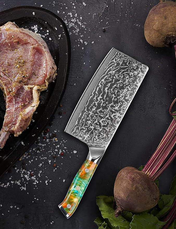 Chinese Chef Knife - 7" Cleaver Knife- Xuan Series - VG10 Damascus Steel Kitchen Knife - Resin Handle (Fantasy Orange)